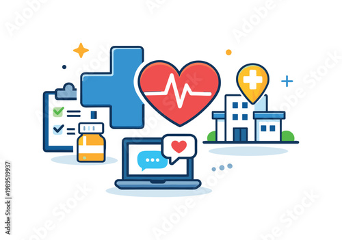 Healthcare service system focused on providing accessible medical care and patient support in modern environments, a medical cross connected to a simple heart symbol