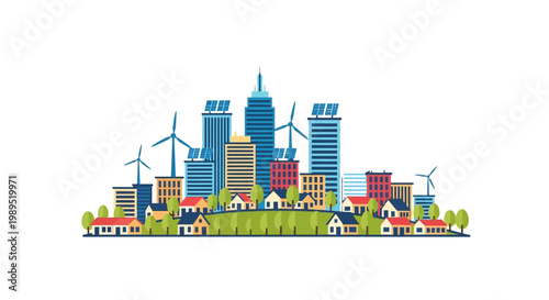 Modern cityscape incorporating renewable energy sources and sustainable architecture