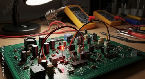 Intricate Electronic Circuit Board With Wires and Components