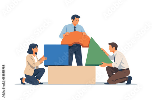 A group of professionals collaborating effectively on a shared business objective in a modern workspace, represented by three people jointly assembling a simple geometric
