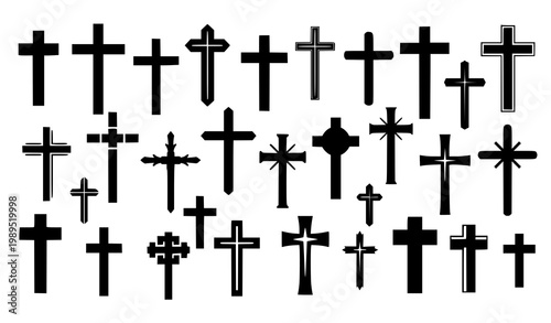 Christian cross silhouette icon set with modern and vintage religious symbols in bold vector style