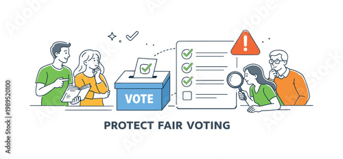 A public awareness and civic responsibility scenario where individuals are encouraged to understand and protect fair voting practices, depicted through a simple scene