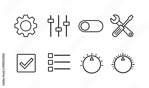 Settings configuration: gear cog, sliders control panel, toggle switch, wrench, screwdriver, checkbox square, menu list, dial knob.