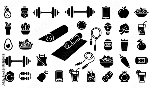 Healthy lifestyle icons vector set with gym fitness workout and food symbols in bold glyph style