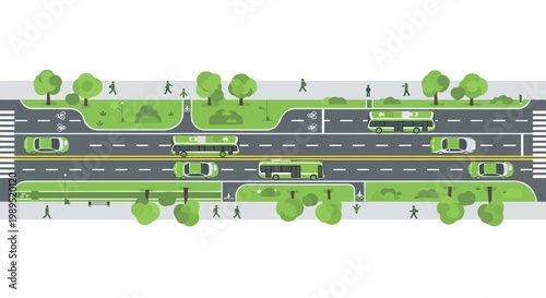 Overhead view of a green city street with traffic and pedestrians