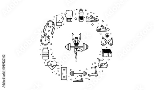 Circular gym and fitness icon collection with workout and wellness symbols in modern line vector style