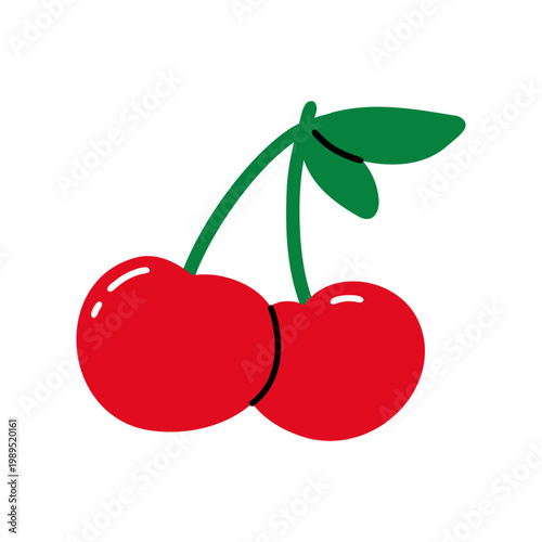Sweet cherry. Abstract cherries with leaves flat cartoon style, hand drawn organic berry design element. Vector illustration isolated on white background