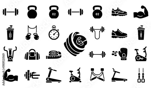 Bold gym and fitness icons vector set with workout equipment and active lifestyle symbols in glyph style