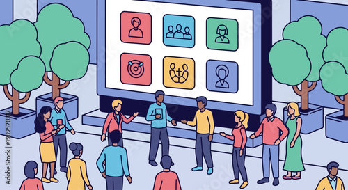 People interacting with a large digital display showing application icons