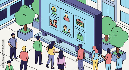 People viewing a large screen displaying diverse groups of individuals