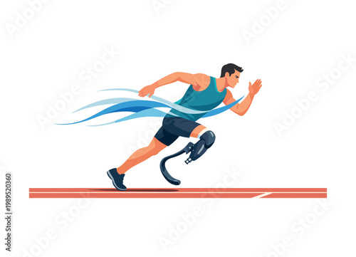 An athlete with a prosthetic leg running on a clean track, demonstrating strength, performance, and determination in adaptive sports, visual metaphor of a dynamic forward
