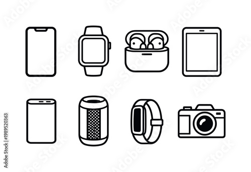 Everyday gadgets: smartphone, smartwatch, wireless earbuds, tablet, power bank, portable speaker, fitness tracker, digital camera.