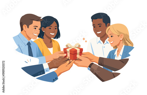 A group of colleagues exchanging small gifts in a professional environment, reinforcing positive relationships and workplace culture through simple gestures, visual