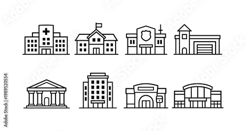 Service facilities: hospital building, school building, police station, fire station, bank building, hotel building, post office, shopping mall.