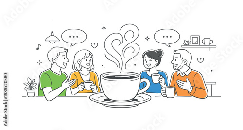 Coffee culture social interaction scene showing a small group of people gathering in a cozy cafe environment while sharing conversations and building connections, using a
