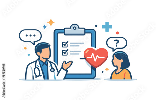 Patient consultation process centered on discussing symptoms and treatment options with healthcare professionals, a clipboard connected to a small heart icon representing