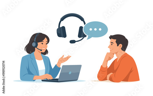 Customer support interaction scenario where a service representative assists a client in resolving an issue through clear communication, representing reliability, problem