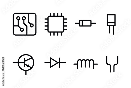 Electronic circuits: circuit board, microchip, resistor, capacitor, transistor, diode, inductor coil, wire connection.