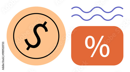 Finance, currency exchange, interest rates, savings, economic growth, monetary value. Dollar sign in a circle, waves and percentage symbol. Finance and currency exchange concept