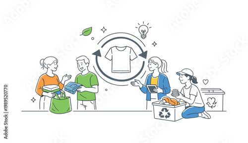 A circular fashion concept where consumers extend the life cycle of clothing through recycling and responsible disposal, visualized by a small group interacting near a