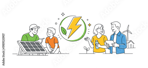 A sustainable energy concept where individuals and communities adopt renewable power solutions in everyday life, shown through a small group interacting near a simple