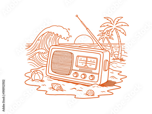 Beach vibes artwork for t shirt. Summer good vibes. Retro radio on the beach. Paradise tropical resort design. Ocean wave and palm trees