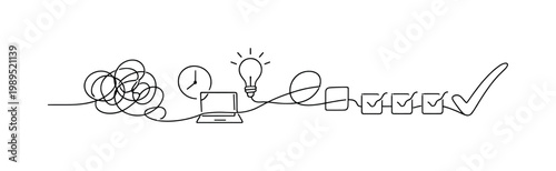 Organizing scattered tasks into a clear structured workflow in a busy professional environment, a continuous line forming multiple loose shapes that smoothly align into a