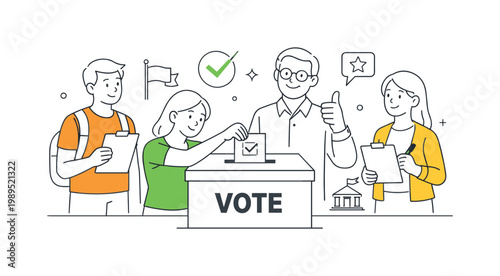 Citizens participating in a democratic process by casting votes in an election setting to influence decisions and leadership, illustrated through a clear metaphor of a