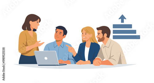 A team reinforcing shared priorities during a collaborative discussion, gathered near a laptop while interacting with a simple aligned bar structure symbol beside it,