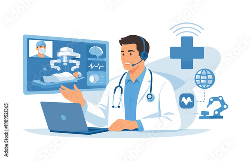 Telemedicine and remote healthcare concept illustrating how digital systems enable surgical planning and assistance through virtual environments and real-time data