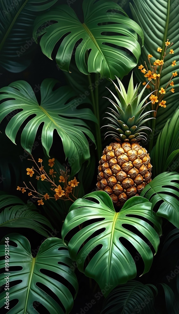 Fototapeta premium Vibrant jungle scene features ripe pineapple in rich green monstera leaves. Small orange flowers add contrast to this exotic tropical foliage background, perfect for nature themes.