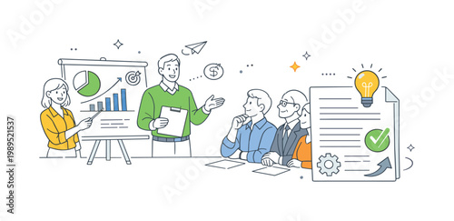 Business proposal presentation in a professional setting where a team outlines a new idea or project to stakeholders, represented by a presentation board with simple