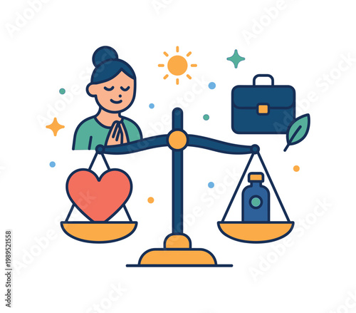 Healthy stress management habits highlighting self-care and emotional resilience in daily routines, a balance scale with a heart on one side and a briefcase on the other