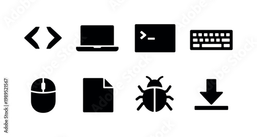 Programming basics: code brackets, laptop, terminal window, keyboard, mouse, file document, bug icon, download arrow.