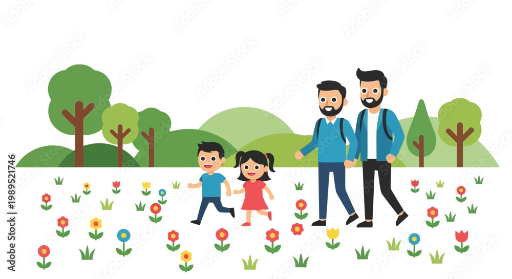 Fototapeta premium A happy family walks together through a colorful park landscape
