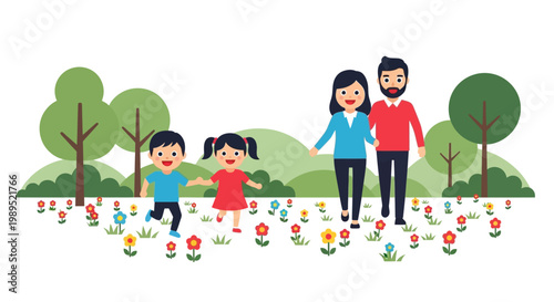 A happy family of five walks through a colorful flower filled park