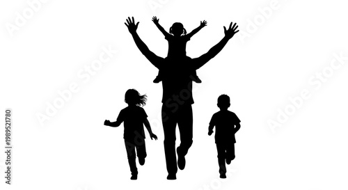 Silhouette of a father carrying a child with two others running