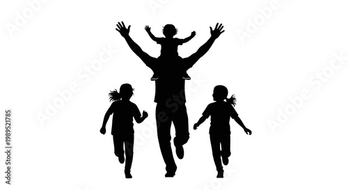 Silhouetted family enjoying a playful moment father carrying child on shoulders