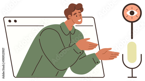 Communication, virtual presentations, online streaming, media production, voice recognition, podcasting. Man appearing from a screen gestures to a microphone and eye graphic. Communication and online