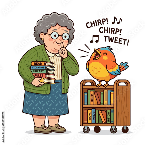An elderly woman holds her finger to her lips while a colorful bird perches on a books cart, chirping cheerfully.