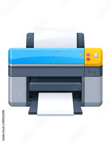 Colorful Modern Printer Illustration With Paper Isolated On White Background Blue Top And Yellow Control Panel