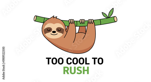 A cute cartoon sloth hangs upside down from a green bamboo branch