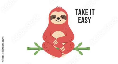 A red sloth meditating in a lotus position with text overlay