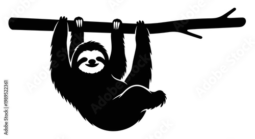 A black and white illustration of a smiling sloth hanging from a branch