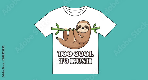 A white t shirt displaying a cartoon sloth clinging to a branch