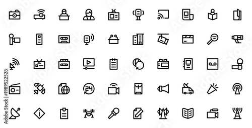News and Journal icon set. Vector media collection. Includes camera, reporter, broadcast, newspaper, podcast, microphone, satellite, live stream and more. Editable stroke.