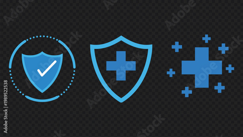 Blue shield with checkmark and plus signs medical