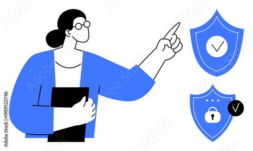 Data security concept. Woman gesturing toward blue shield icons secure access and privacy. Data security ensures protection for authentication, privacy, and cybersecurity services. Suitable