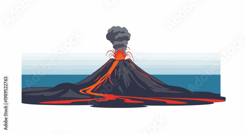 Stylized illustration of a volcano erupting with lava flows