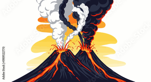 Two volcanoes erupting with lava flows and smoke plumes under a yellow sky